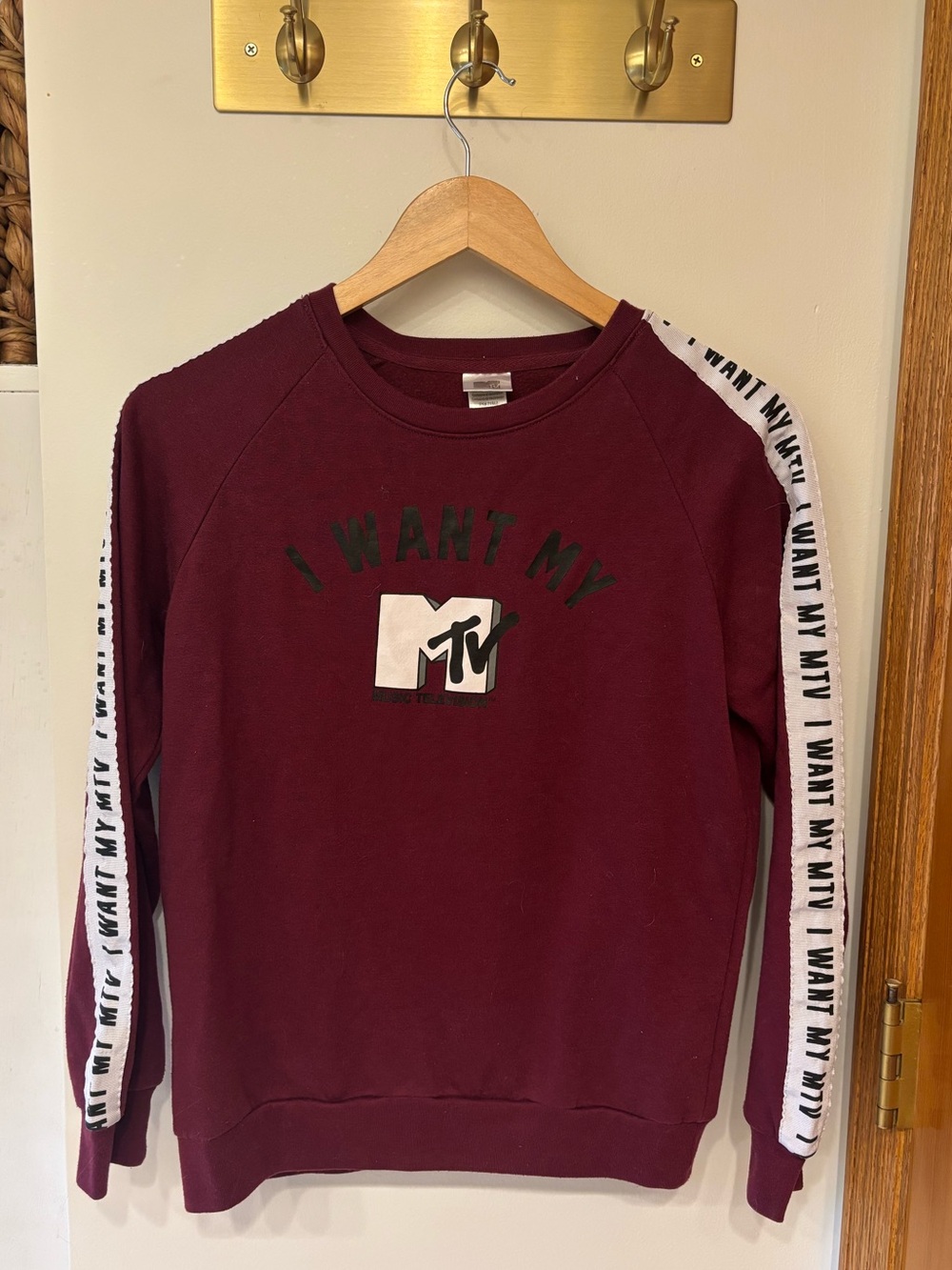 MTV Burgundy Crewneck Sweatshirt with White Sleeve Tape